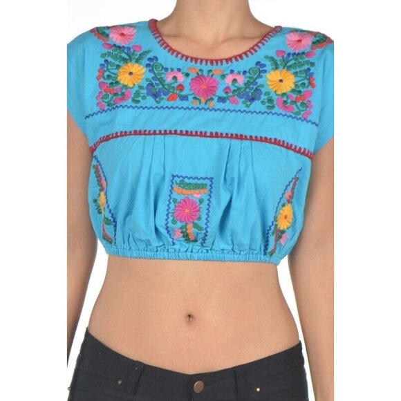 Turquoise Top S Embroidered BOHO Hippie Festival Bohemian Peasant Romantic Crop - Picture 2 of 3
